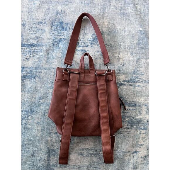 Brown Faux Leather Fold Over Bucket Shoulder Convertible Backpack - Picture 2 of 8